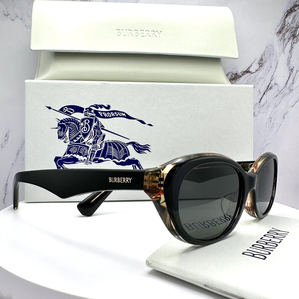 New Burberry Sunglasses Black Vintage Check Oval Gold Logo Womens New BURBERRY - Picture 7 of 16